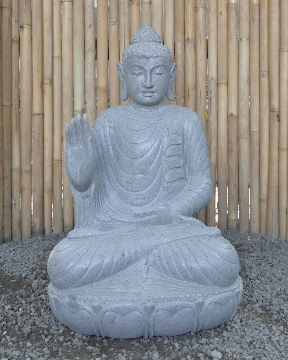  Product image 1 of the product “Seated Buddha made of Riverstone in Abhaya Position - gesture of fearlessness, H. 83cm. ”